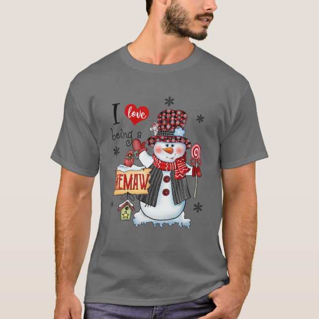Camiseta Eu Adoro Ser Memaw Snowman O Chapéu Vermelho Xadre (Frente)