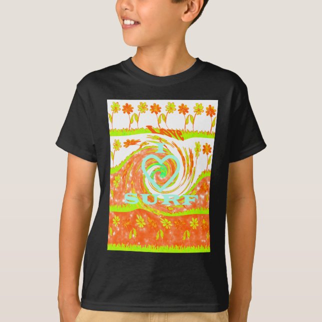 Camiseta Eu adoro Surf: Belo Floral com Legal Arte de Texto (Frente)