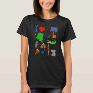 Camiseta Eu amo a bandeira do Congo com pontos turísticos c