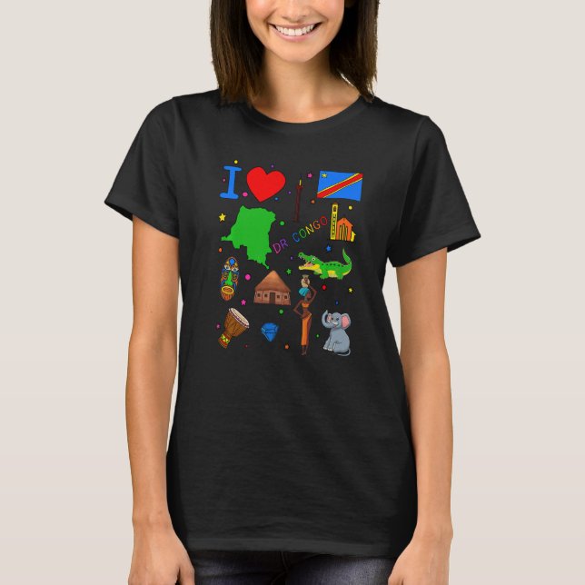 Camiseta Eu amo a bandeira do Congo com pontos turísticos c (Frente)