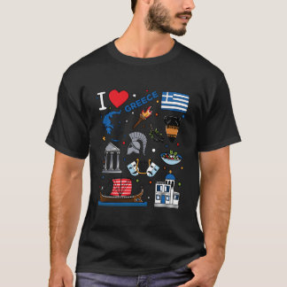 Camiseta Eu Amo a Grécia Desenhado à Mão Pontos Turísticos