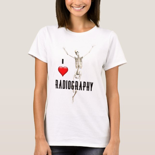 Camiseta "Eu amo a radiografia" com esqueleto feliz (Frente)