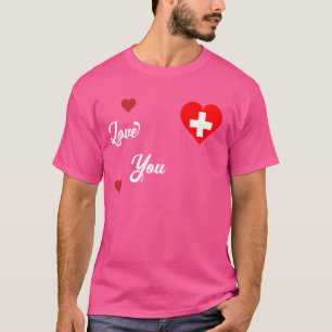 Camiseta Eu Amo a Suíça Com a Bandeira Suíça No Coração