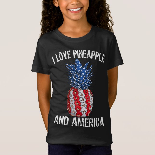 Camiseta Eu Amo Abacaxi E Bandeira Americana USA 4 De Julho (Frente)