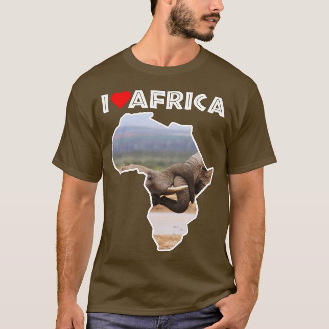 Camiseta Eu amo África, vida selvagem, mapa elefante, turma (Frente)