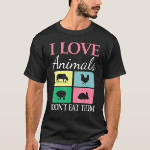 Camiseta Eu Amo Animais Vaca Frango Ovelha Coelho Eu Não Co