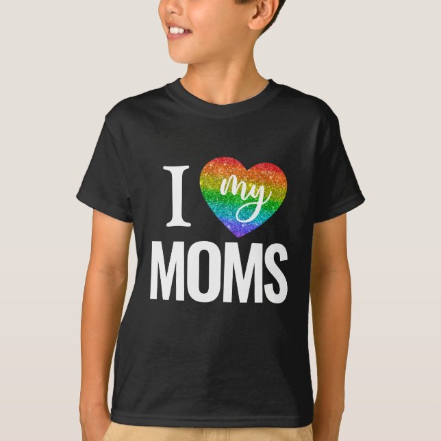Camiseta Eu Amo As Minhas Mães | Orgulho Cardíaco Arco-Íris (Frente)