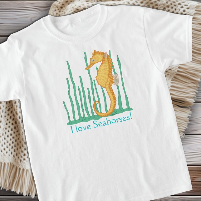 Camiseta Eu Amo Cavalos-marinhos Laranja (I Love Seahorses Orange Seahorse T-Shirt. Personalize the slogan or add a name.)