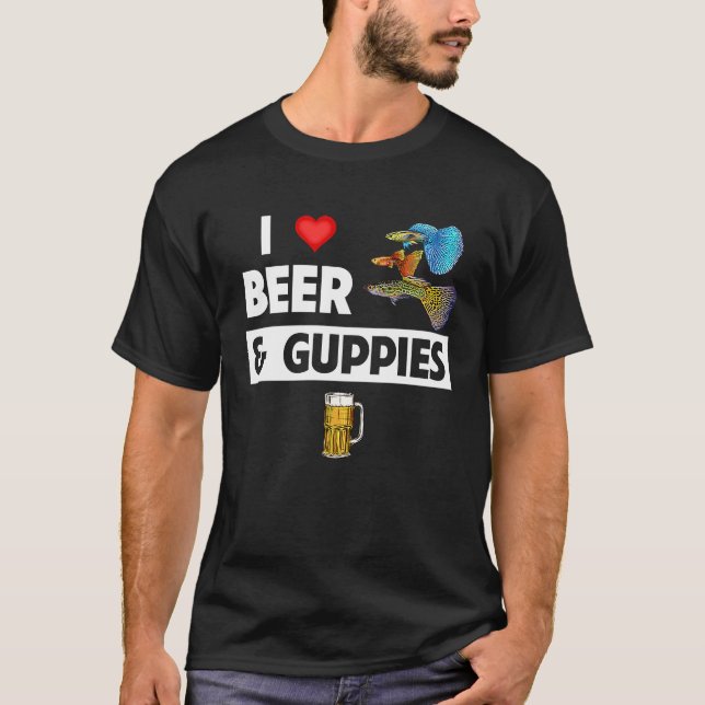 Camiseta Eu Amo Cerveja e Guppies Peixe Arco-Íris Tropical  (Frente)