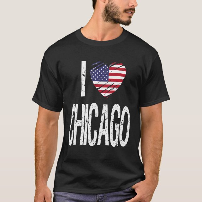 Camiseta Eu Amo Chicago Com Bandeira Americana (Frente)