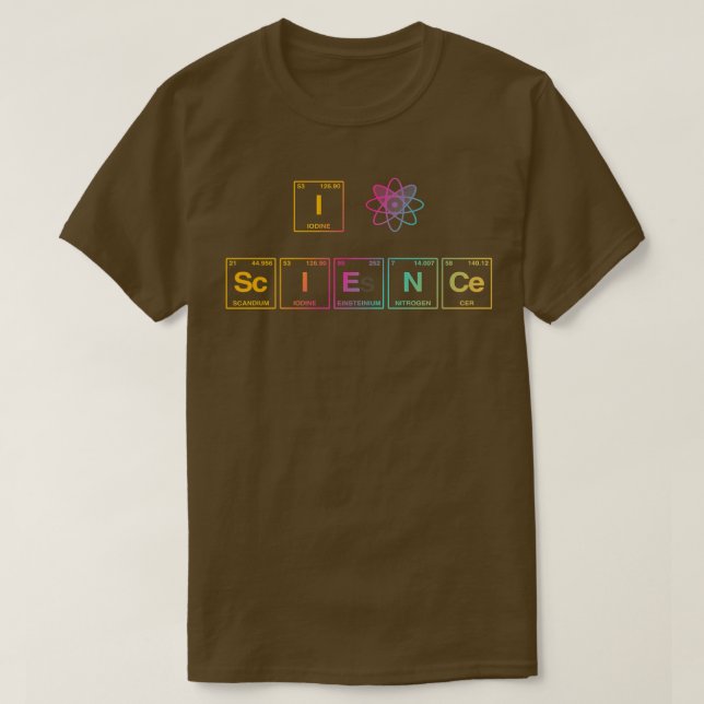 Camiseta EU AMO CIÊNCIA escrita em Elementos de Mesa Periód (Frente do Design)