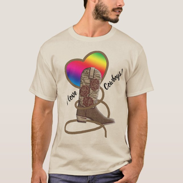 Camiseta Eu Amo Cowboys Orgulho gay Rainbow Heart (Frente)