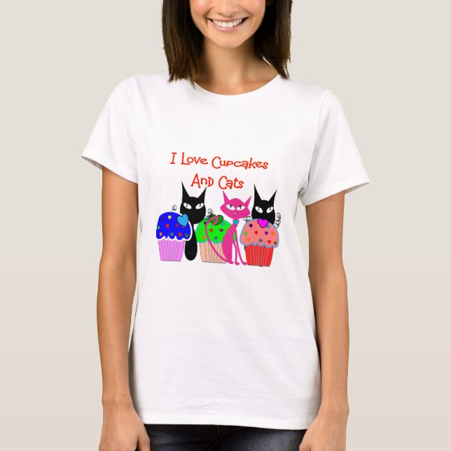 Camiseta "Eu amo cupcakes e gatos"--Presentes dos amantes (Frente)