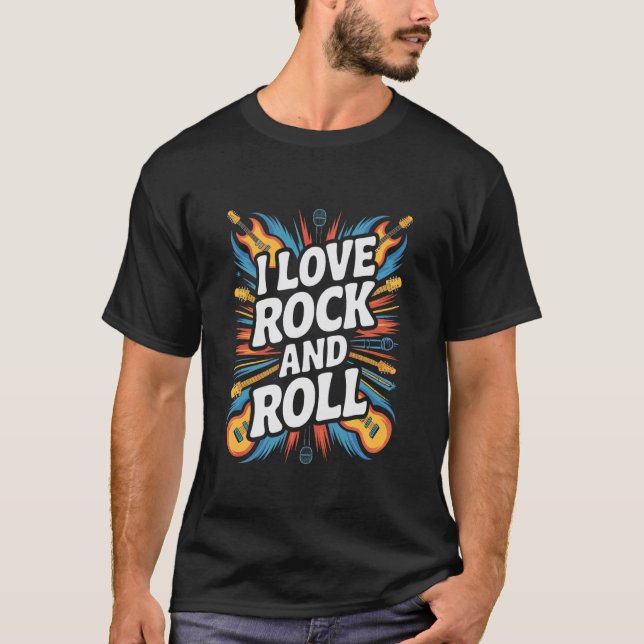 Camiseta Eu Amo Explosão de Guitarra de Rock And Roll (Frente)