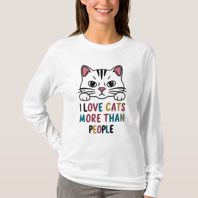 Camiseta Eu Amo Gatos Mais Do Que Pessoas Desenhando Longa  (Frente)