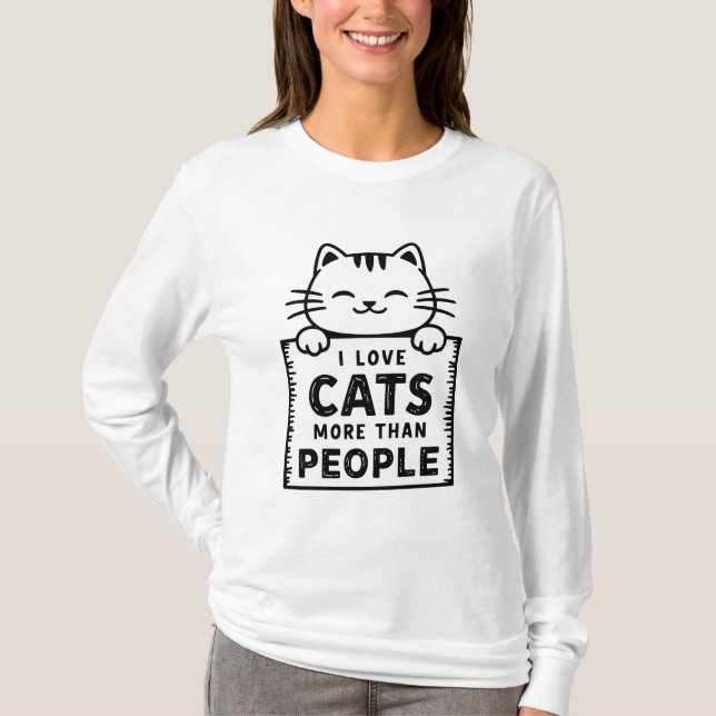 Camiseta Eu Amo Gatos Mais Do Que Pessoas Desenhando Longa  (Frente)