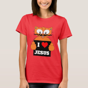 Camiseta "Eu amo Jesus" Caricatura Gato Christian