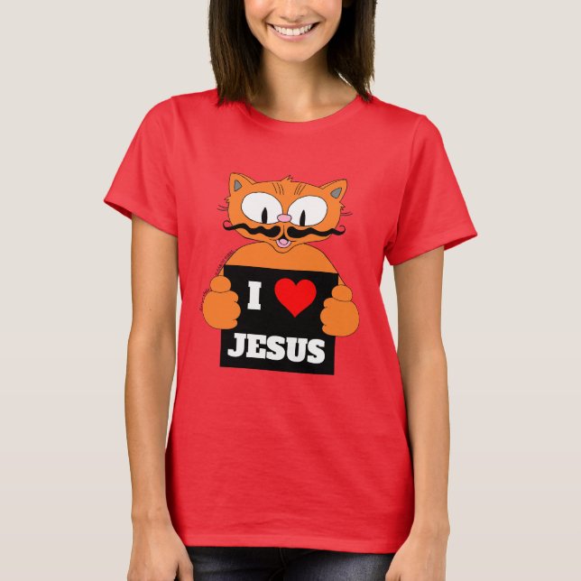 Camiseta "Eu amo Jesus" Caricatura Gato Christian (Frente)