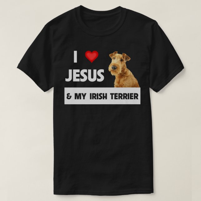 Camiseta Eu Amo Jesus e Meu Cachorro Terrier Irlandês Mamãe (Frente do Design)
