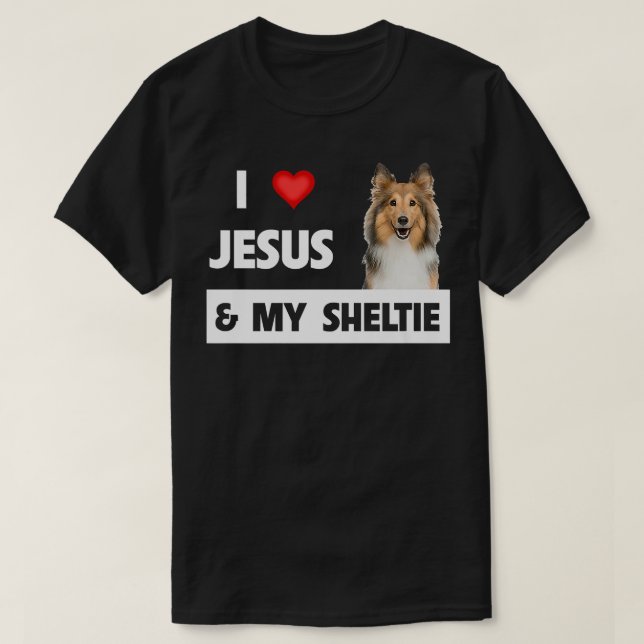 Camiseta Eu amo Jesus e o meu cão-prateleira mãe Pai Shetla (Frente do Design)