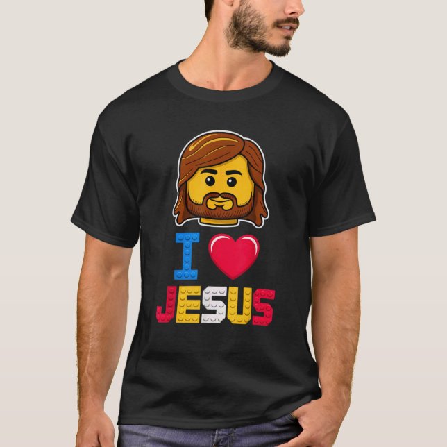 Camiseta Eu Amo Jesus Mestre Construtor Blocos de Construçã (Frente)