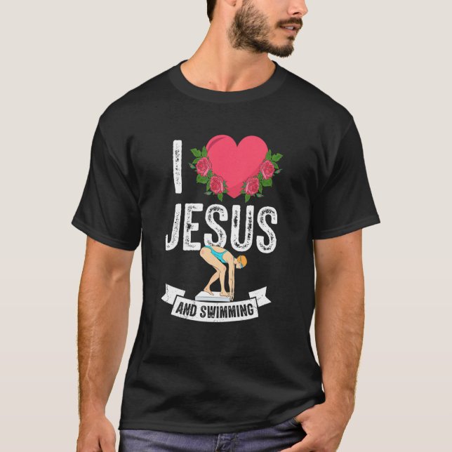 Camiseta Eu Amo Jesus Nadando Natação Nadadora Coch Pensado (Frente)