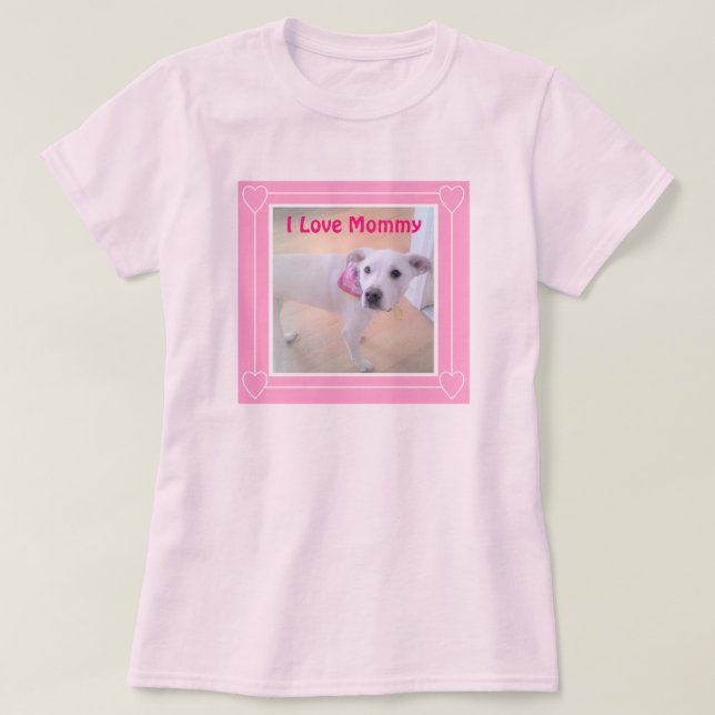 Camiseta Eu Amo Mamãe Cachorro Branco Cachorro Bonito Rosa (Frente do Design)