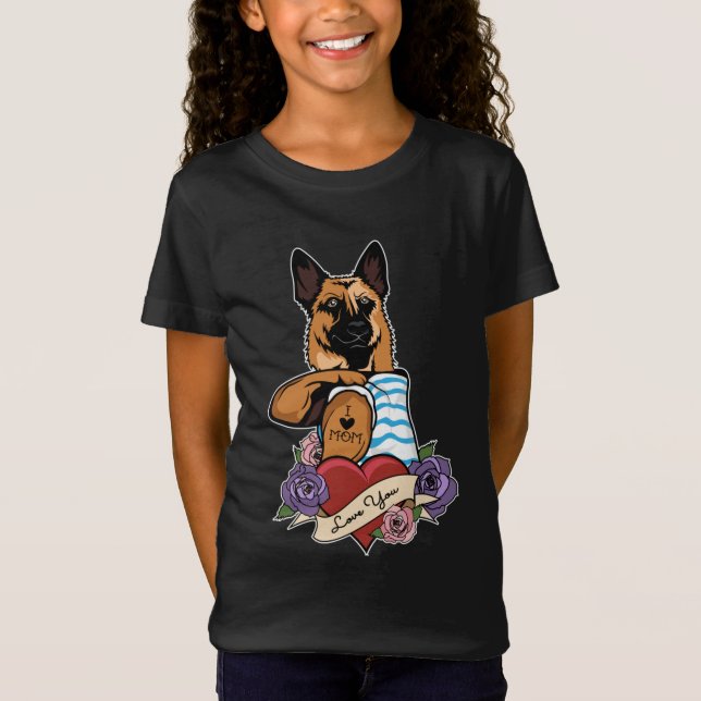 Camiseta Eu Amo Mamãe Tatuagem Eu German shepherd Mãe (Frente)