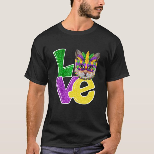 Camiseta Eu Amo Mardi Gras Costume Cat Kitten Engraçado Cat (Frente)