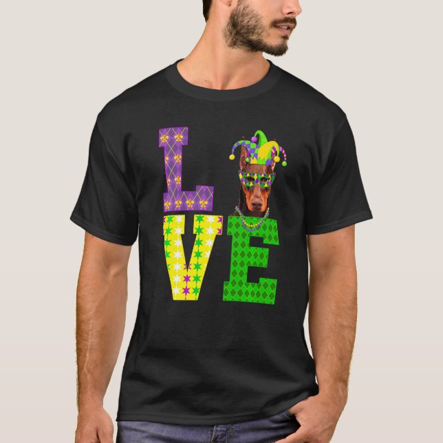 Camiseta Eu Amo Mardi Gras Doberman Dog Men Mulheres Crianç (Frente)