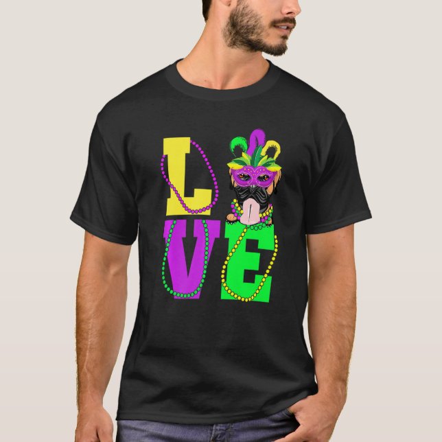 Camiseta Eu Amo Mardi Gras Engraçado Boxista Cachorro Másca (Frente)