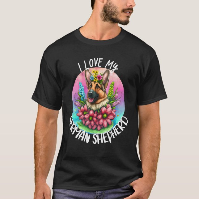 Camiseta Eu Amo Meu Cachorro German shepherd Mamãe Flores C (Frente)