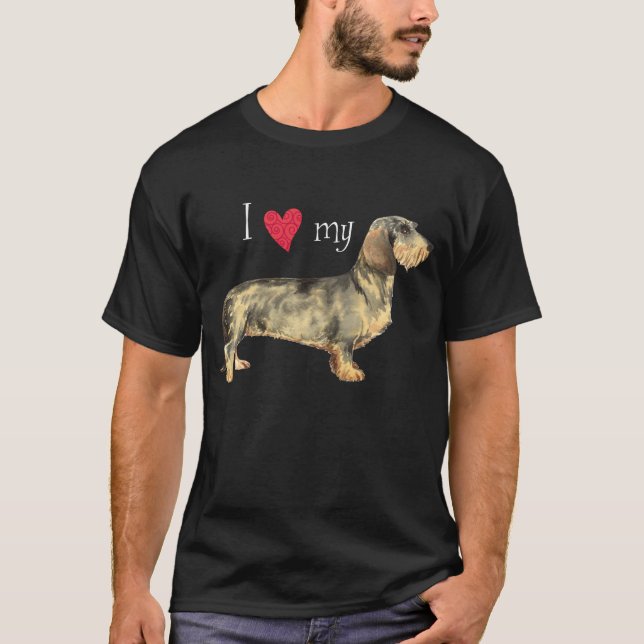 Camiseta Eu amo meu Dachshund Wirehaired (Frente)