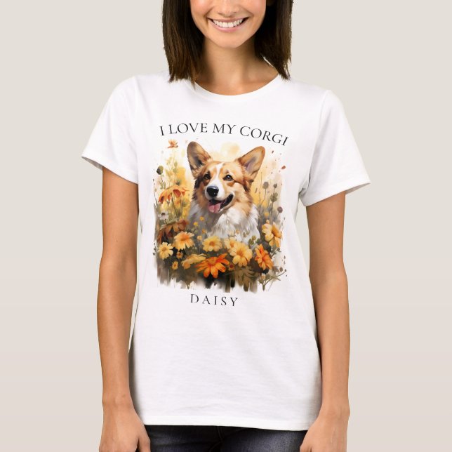 Camiseta Eu Amo Meu Retrato De Cachorro Floral Corgi (Frente)