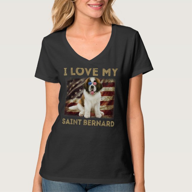 Camiseta Eu Amo Meu Santo Bernard Pai Mãe Americana Flag We (Frente)