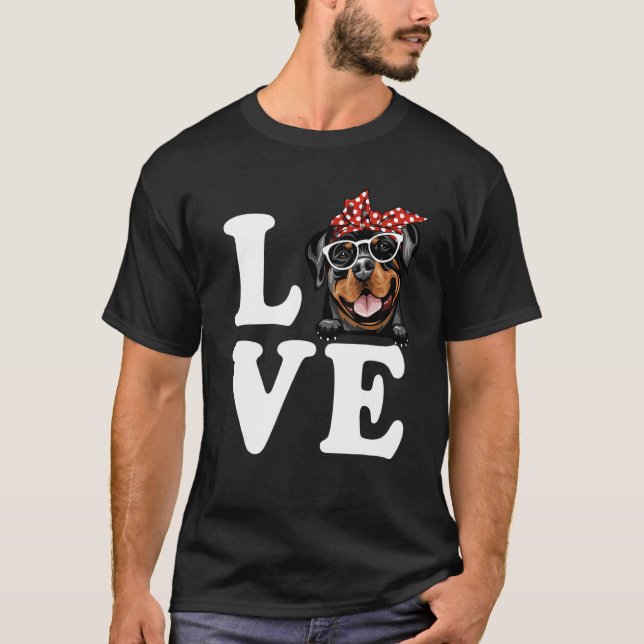 Camiseta Eu Amo Meus Óculos Cachorros Rottweiler Bandana (Frente)
