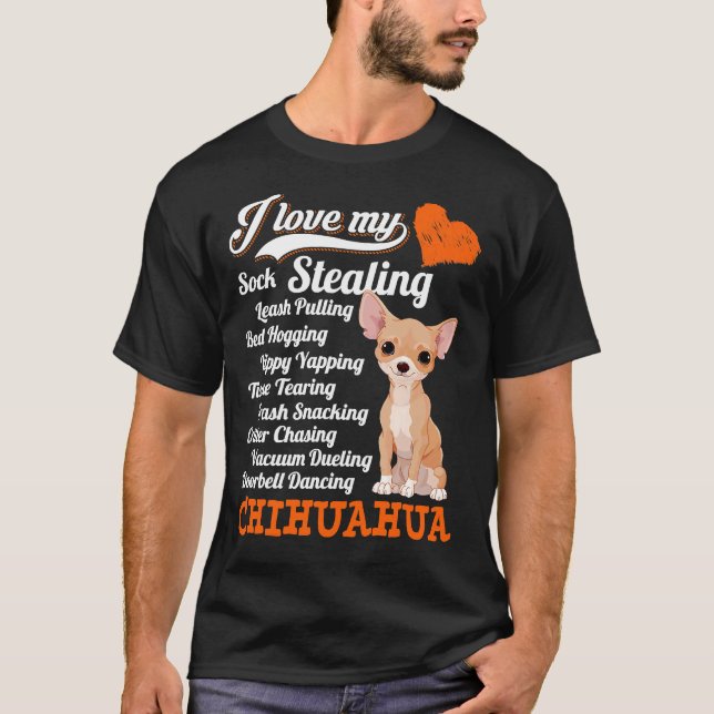 Camiseta Eu Amo Minha Meia Roubando Lash Puxando Chihuahua  (Frente)