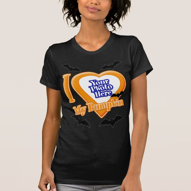 Camiseta Eu Amo Minha Pumpkin Com Sua Foto Com Morcegos (Frente)