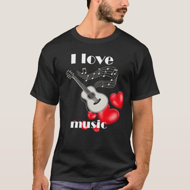 Camiseta Eu Amo Música - Violão e Corações (Frente)