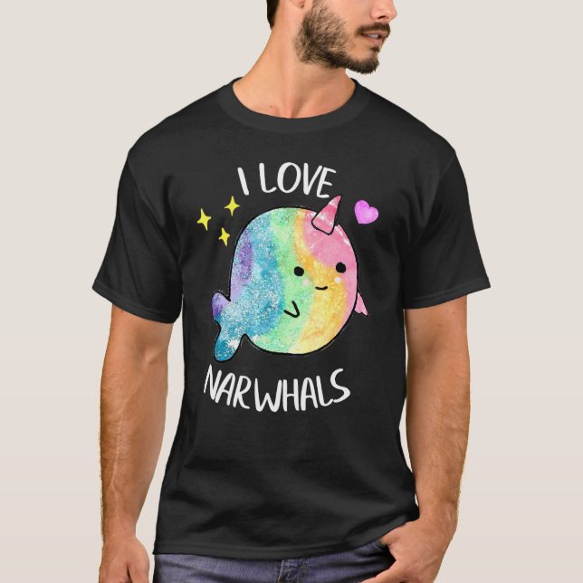 Camiseta Eu Amo Narwhals Rainbow Whale Cute Sea Unicorn Fis (Frente)
