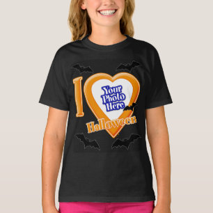 Camiseta Eu Amo O Dia das Bruxas Com Sua Foto Com Bats T-Sh