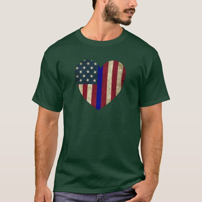 Camiseta Eu Amo Policial Thin Blue Line American Heart Flag (Frente)