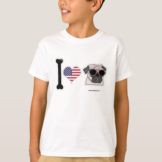 Camiseta Eu amo Pugs - miúdos patrióticos (Frente)