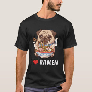 Camiseta Eu Amo Ramen Dog Pug Comendo Ramen Noodle Anime Ka