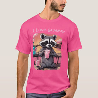 Camiseta Eu amo Summer Raccoon na Passarela com um refriger