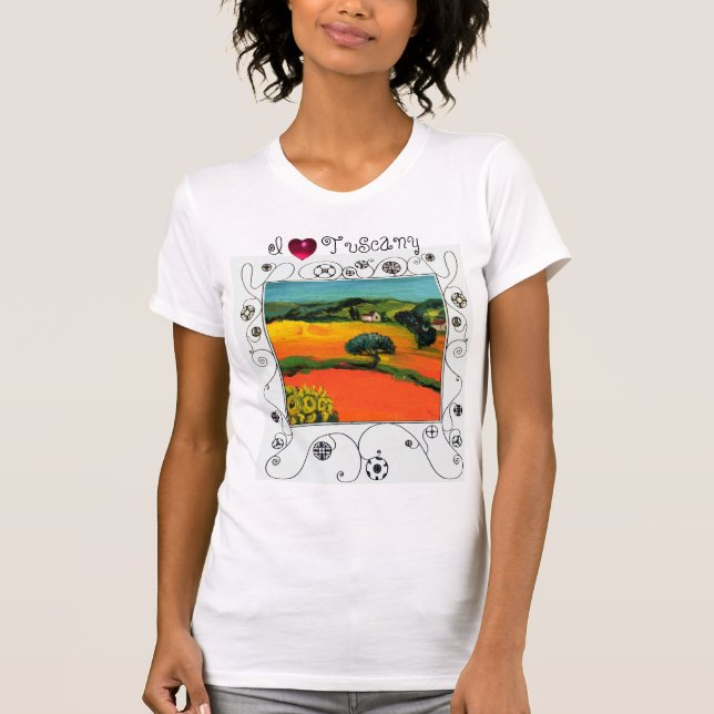 CAMISETA EU AMO TUSCÂNCIA, FLORES E CAMPOS DE LARANJA (Frente)