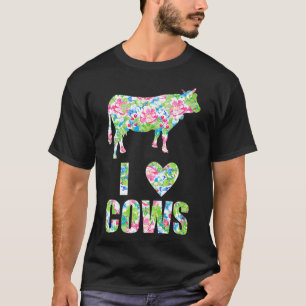 Camiseta Eu Amo Vacas Padrão de Flores Coloridas Coração Va