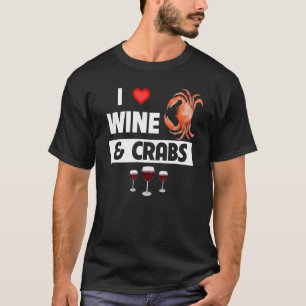 Camiseta Eu Amo Vinho e Caranguejos Bebendo Frutos do Mar
