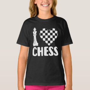 Camiseta Eu Amo Xadrez – Rei Clássico e Coração Xadrez