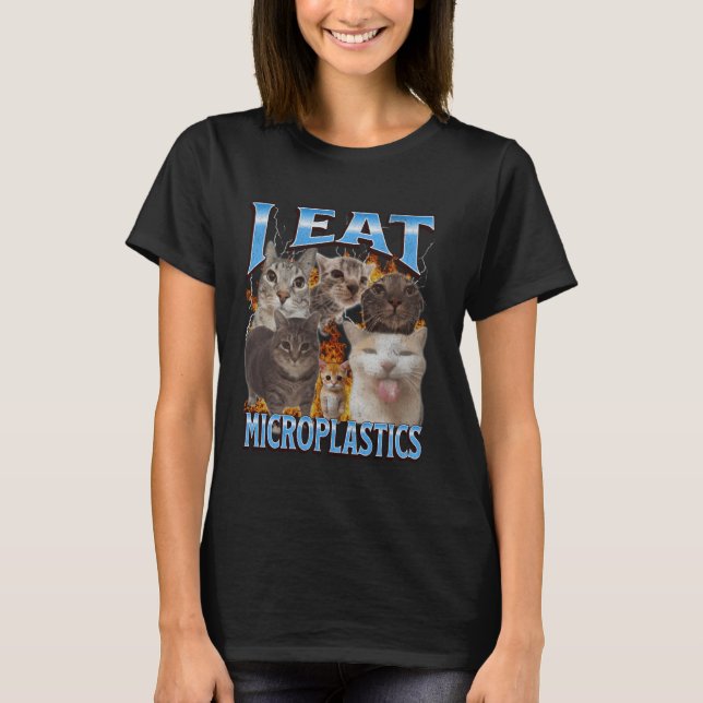 Camiseta Eu Comi Microplásticos Engraçados Memória de Gato  (Frente)